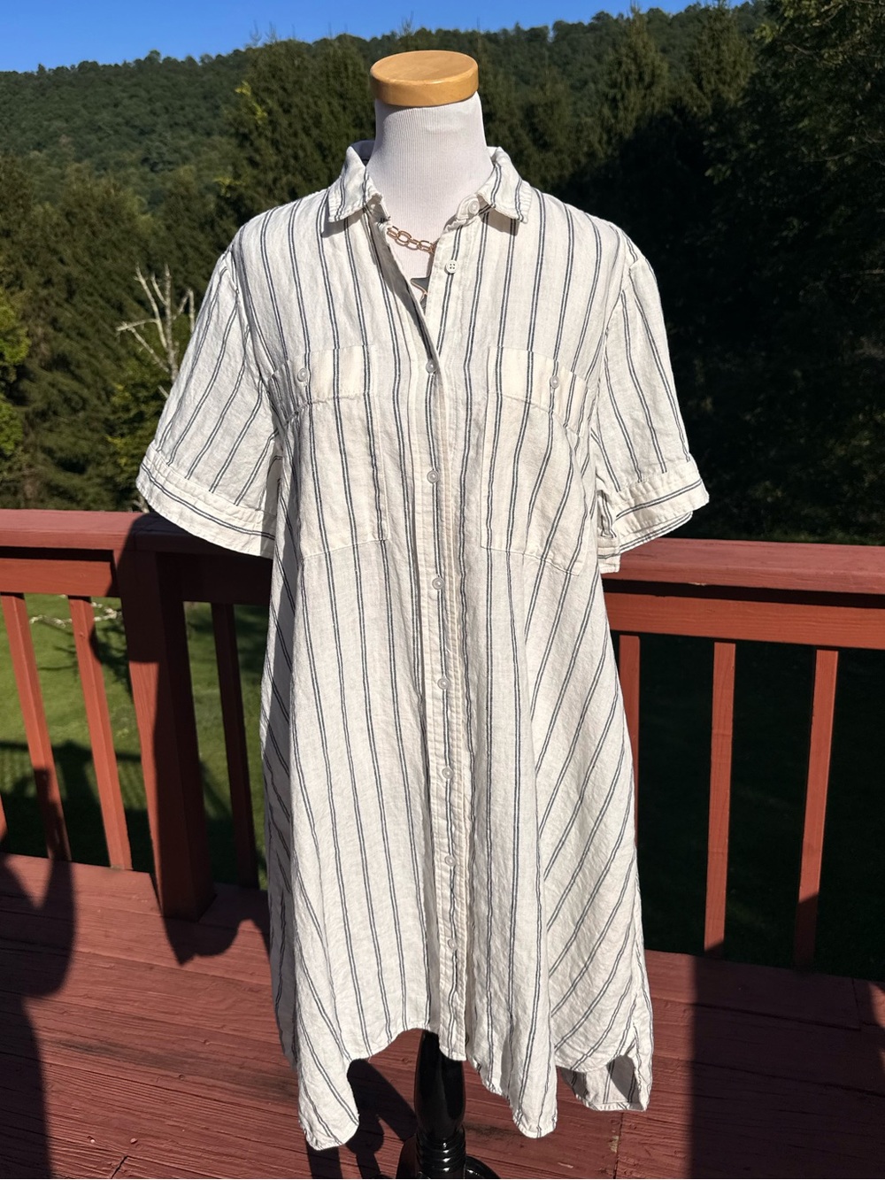 Everlane Daytripper Linen White and Navy Striped Midi Shirt Dress